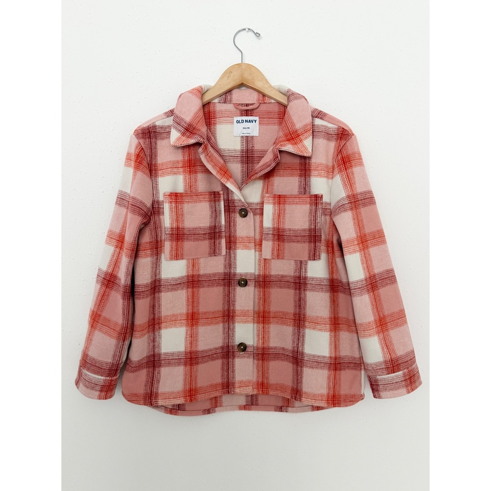 Old Navy Girls Peach Plaid Oversized Shacket Jacket Preppy NWT (XXL/18)